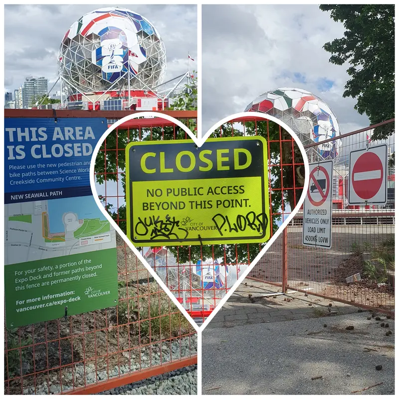 An iconic view of the 2026 FiFA world cup - a shitty fence backdropped by Science World